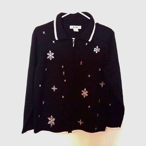 Alia Women's Zippered Black Sweater Cardigan with Sequin Snowflake Detail Medium